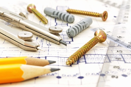 Blueprint and geometry equipment still life の写真素材