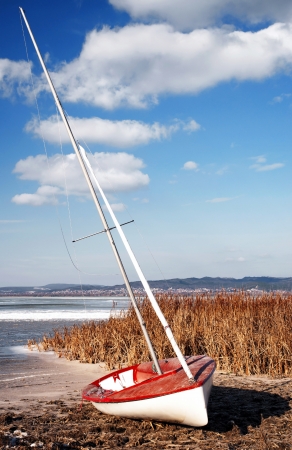 Sailboat at Lake Balaton in winter timeの写真素材