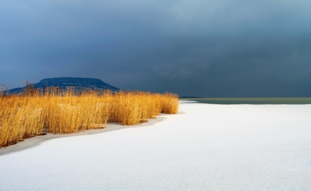Storm is over Lake Balaton in winter time, Hungaryの写真素材