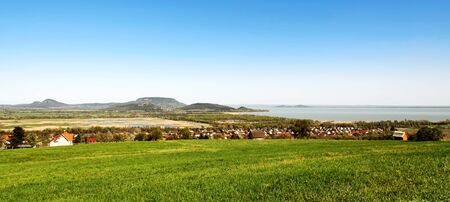 Panorama to Lake Balaton and volcanoes,Hungaryの写真素材