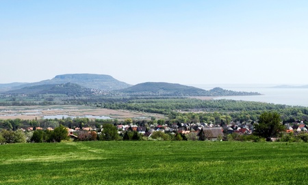 Panorama to Lake Balaton and volcanoes,Hungaryの写真素材