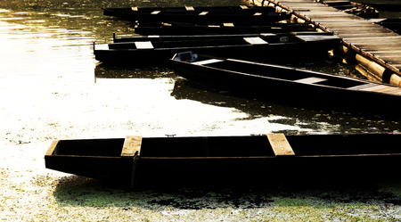 Flat boats on the river,Hungary ( Martely )の写真素材