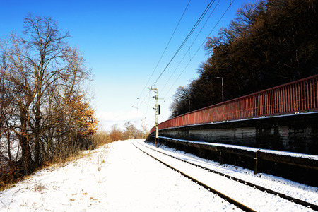 Detail of railway line in winter time ( Fonyod ), Hungaryの写真素材