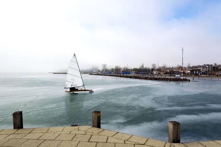 Ice sailing on frozen Lake Balaton, Hungaryの写真素材