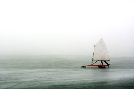 Ice sailing on frozen Lake Balaton, Hungaryの写真素材