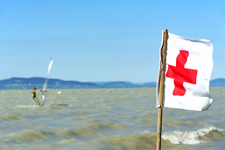 Rescue flag at Lake Balaton ( Balatonfenyves), August in 2016, Hungaryのeditorial素材