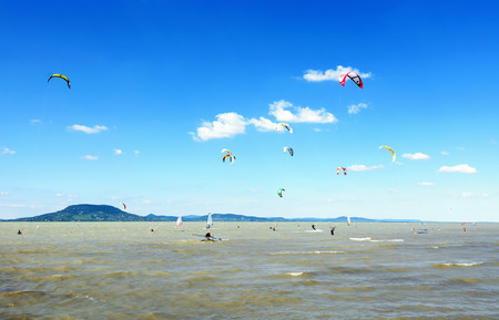 Kitesurfing on Lake Balaton on August 2016, Hungary (Balatonfenyves)のeditorial素材