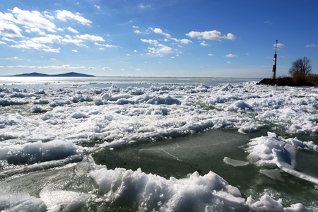 Breakwater at Lake Balaton in wintertime, Hungary (Badacsony)の写真素材