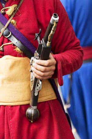 Detail of Gyulaffy Laszlo traditional banderium weapons and clothes in Badacsony 09. September 2018, Hungaryのeditorial素材