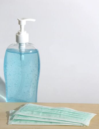 Hygienic face mask and  Sanitizer hand gel.
 cleaners for anti virus on White Background,  to prevent COVID-19 virusの写真素材