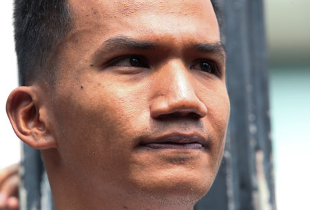 Bangkok, Thailand-january 22, 2021: Protest leaders Panupong Jadnok attends a pro-democracy rally demanding Thailand's reform on the monarchyのeditorial素材