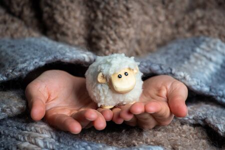 Little kid is holding the easter lamb â€“ decoration for Easter holiday