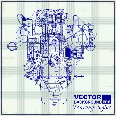 Drawing old engine on graph paper. Vector background.のイラスト素材