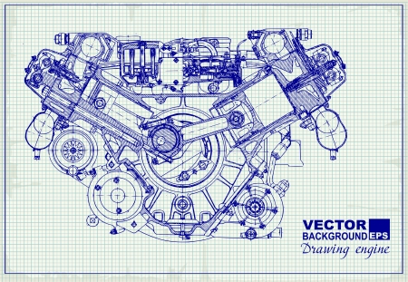 Drawing old engine on graph paper. Vector background.のイラスト素材