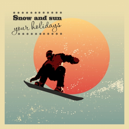 Retro poster. snowboarder flying against the evening sunのイラスト素材