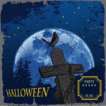 Illustration of Halloween cemetery with crosses on a big moonのイラスト素材