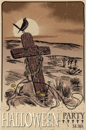 Illustration of Halloween cemetery with crosses on a big moonのイラスト素材