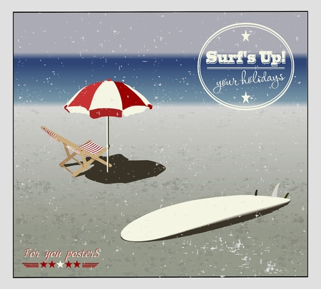 surf, chaise longues and sunshades on the beach in vintage styleのイラスト素材