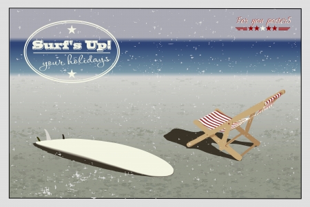 Surf and sun lounger on the beach, background in vintage styleのイラスト素材