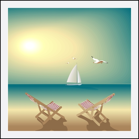 Idyllic seascape. evening deserted beach, two lounge chairs, sailboat and seagulls. のイラスト素材