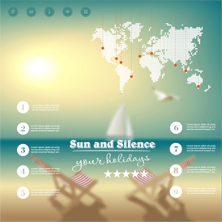 Web and mobile interface template. Travel corporate website design. Minimalistic backdrop. Vector. Editable. Blurred. Website icons template. Idyllic seascape. evening deserted beach, two lounge chairs, sailboat and seagulls.のイラスト素材