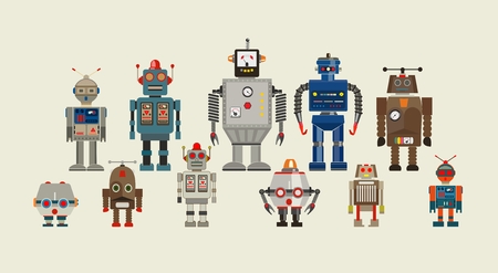 Abstract mechanical robots set isolated on white. 