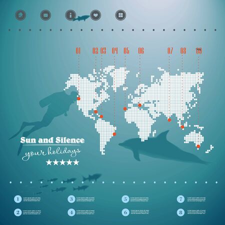 Web and mobile interface template. Travel and diving corporate website design. Minimalistic backdrop. のイラスト素材