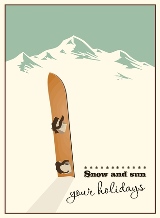 Winter  background. Mountains and old snowboard in the snowのイラスト素材