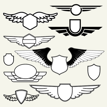 Retro Vintage Insignias or Logotypes with wings set on white background.  Vector design elements, business signs, logos, identity, labels, badges and objects.のイラスト素材