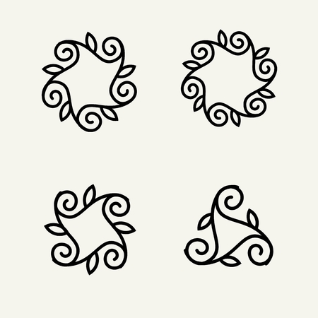 Set of stylish, simple and graceful  floral monochrome monogram design templates, elegant lineart logo design elements, vector illustrationのイラスト素材