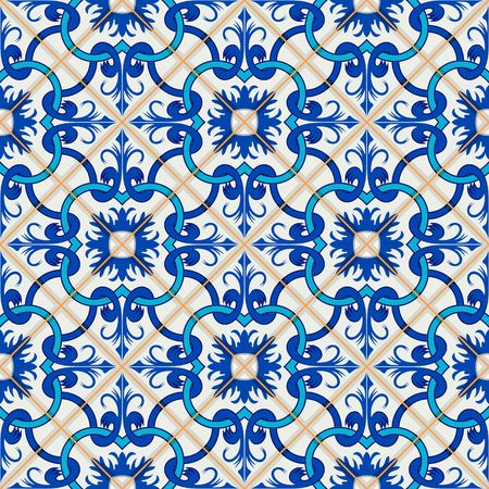 Gorgeous seamless patchwork pattern from dark blue and white Moroccan, Portuguese  tiles, Azulejo, ornaments. Can be used for wallpaper, pattern fills, web page background,surface textures.のイラスト素材