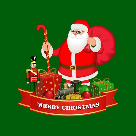 Merry Christmas and happy new year ribbon banner  with  Santa Claus with gift boxes ,  Wooden soldier ,nutcracker, iron train,  Christmas balls. isolated vector illustrationのイラスト素材