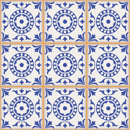 Gorgeous seamless  pattern from dark blue and white Moroccan, Portuguese  tiles, Azulejo, ornaments. Can be used for wallpaper, pattern fills, web page background,surface textures.のイラスト素材