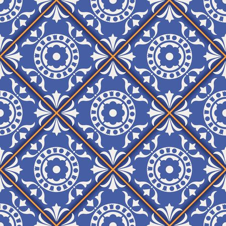 Gorgeous seamless  pattern from dark blue and white Moroccan, Portuguese  tiles, Azulejo, ornaments. Can be used for wallpaper, pattern fills, web page background,surface textures.のイラスト素材