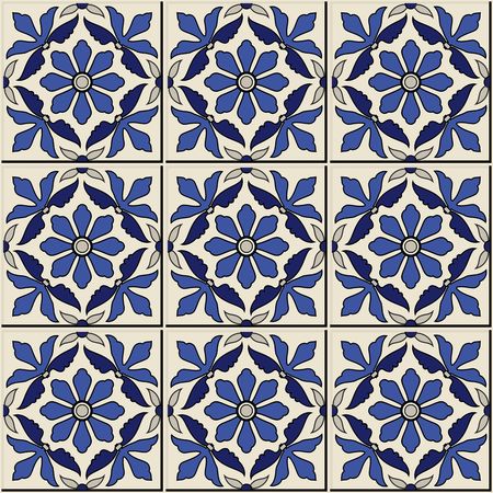 Gorgeous seamless  pattern from dark blue and white Moroccan, Portuguese  tiles, Azulejo, ornaments. Can be used for wallpaper, pattern fills, web page background,surface textures.のイラスト素材