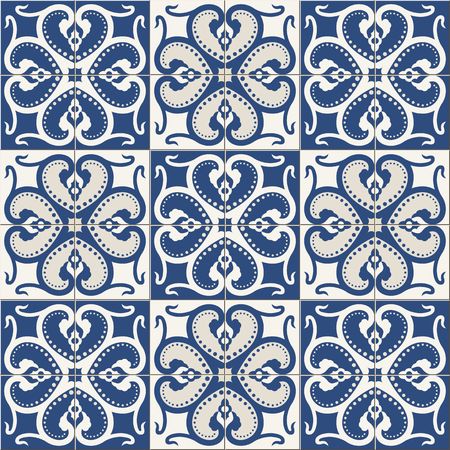 Gorgeous seamless  pattern  white colorful Moroccan, Portuguese  tiles, Azulejo, ornaments. Can be used for wallpaper, pattern fills, web page background,surface textures.のイラスト素材