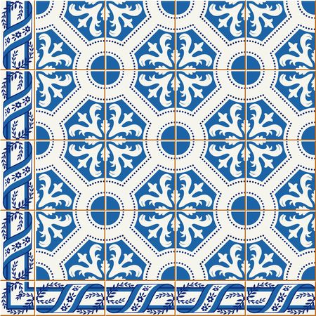 Gorgeous seamless  pattern from dark blue and white floral Turkish, Moroccan, Portuguese  Azulejo tiles and border, ornaments.のイラスト素材