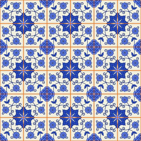 Gorgeous seamless  pattern from dark blue and white floral Turkish, Moroccan, Portuguese  Azulejo tiles , ornaments.のイラスト素材