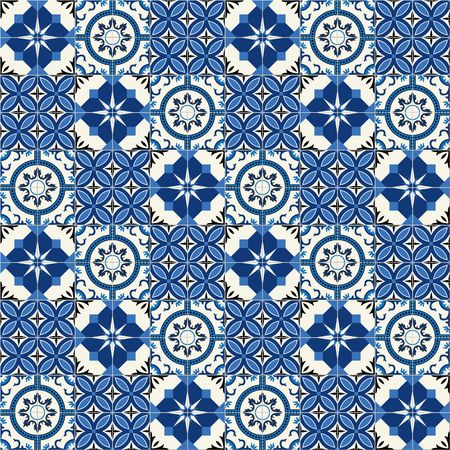 Stylish seamless pattern patchwork mix of  Moroccan tiles in trendy shades of blue.のイラスト素材