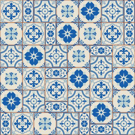 Stylish seamless pattern patchwork mix of  Vintage  from  Moroccan, Portuguese, Azulejo tiles , retro ornaments.のイラスト素材