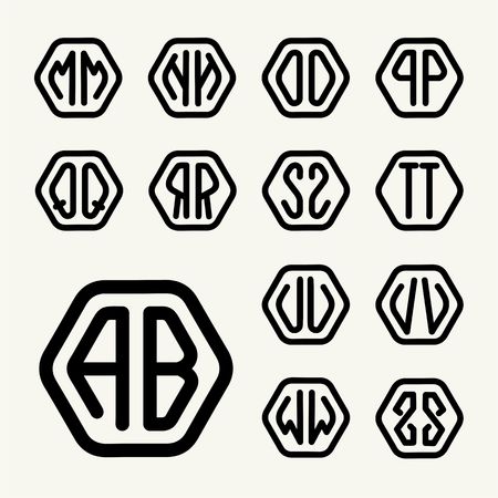 Set 2 template letters to create monograms of two letters inscribed in a hexagon in modern styleのイラスト素材