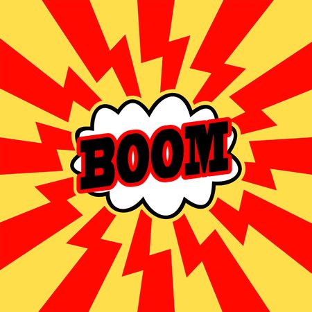 Vintage, cracked background. Pop art, comic style. Cloud with ray and BOOM wording sound effect .