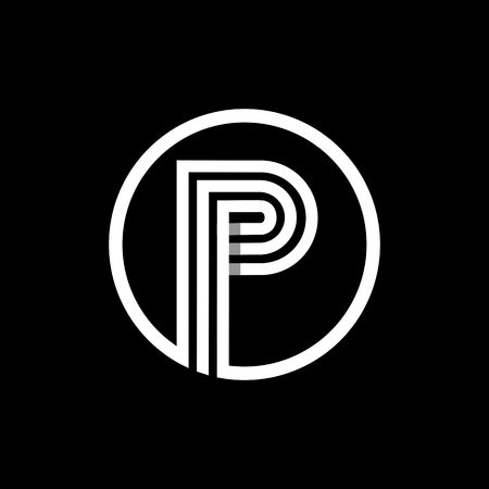 P capital letter made of of three white stripes enclosed in a circle . Overlapping with shadows monogram, , emblem. Trendy design.のイラスト素材
