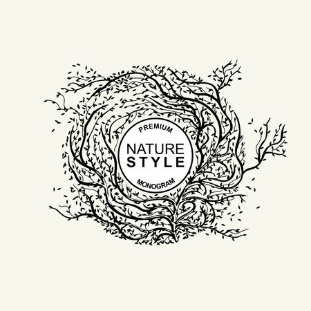 Stylish nature monochrome template labels, monogram, logo, emblem. Branches of trees braided into a circle.のイラスト素材