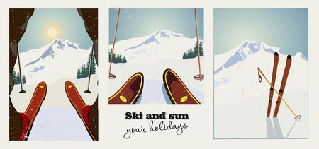 Set of winter ski vintage posters. Skier getting ready to descend the mountain. Winter background. Grunge effect it can be removed.のイラスト素材