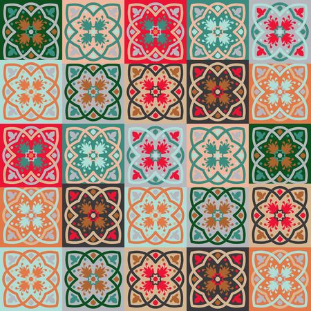 Gorgeous seamless mix pattern from colorful floral Moroccan, Portuguese tiles, Azulejo, ornaments. Can be used for wallpaper, pattern fills, web page background,surface textures.のイラスト素材