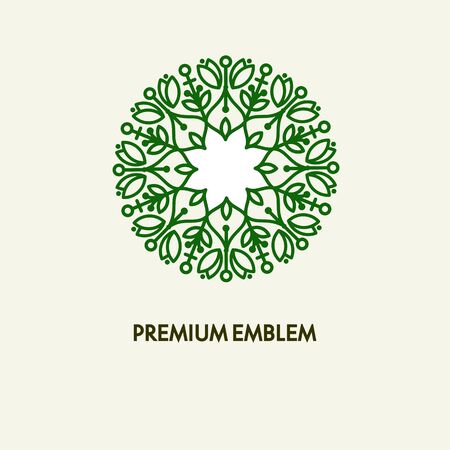 Conceptual template vector round design and monogram concept in trendy linear style, floral badge, emblem for fashion, beauty and jewelry industryの写真素材