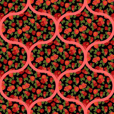 Beautiful seamless pattern with red roses, arabic ornament, background. Vector illustration.のイラスト素材