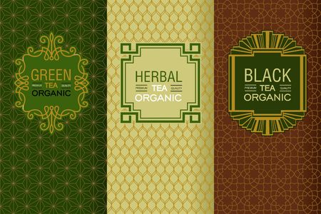 Elegant set of design elements, labels, icon, frames, seamless backgrounds for packaging in trendy linear style for for black, herbal and green teaのイラスト素材