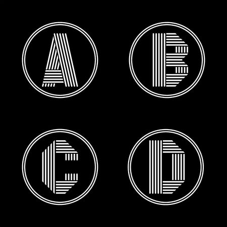 Capital letters A, B, C, D. From white stripe in a black circle. Overlapping with shadows. Logo, monogram, emblem trendy design.のイラスト素材